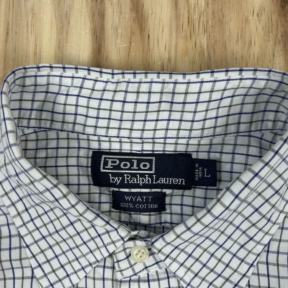 Polo Ralph Lauren Men's Large White Wyatt Check Long Sleeve Button Shirt Pocket